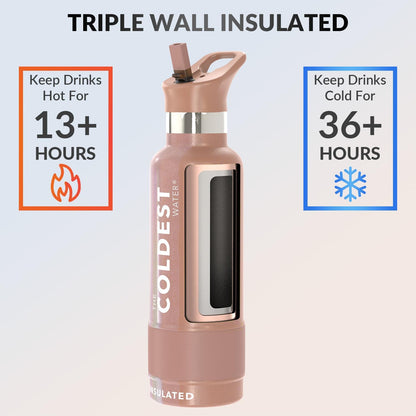 Coldest Insulated Water Bottle with Straw Lid - Stainless Steel Metal Insulated Bottle for Men & Women (Rose Gold Glitter, 21 oz)