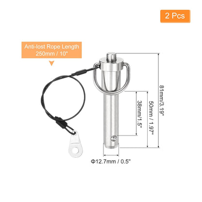 uxcell 2 Pcs Quick Release Pin, 1/2" x 1.5"(Dia. x L) Push-Button Ball Locking Pin 304 Stainless Steel Ring Handle Locking Pin with Wire for Audio Bimini Top Marine, Silver