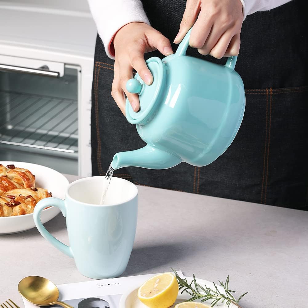 Sweejar 35 oz Porcelain Tea Pot, Teapot with Removable 18/8 Stainless Steel Infuser, Microwave & Dishwasher Safe Tea Maker, Tea Infuser Pots for Blooming loose Leaf Tea,Chrismas Women Gift (Turquoise)