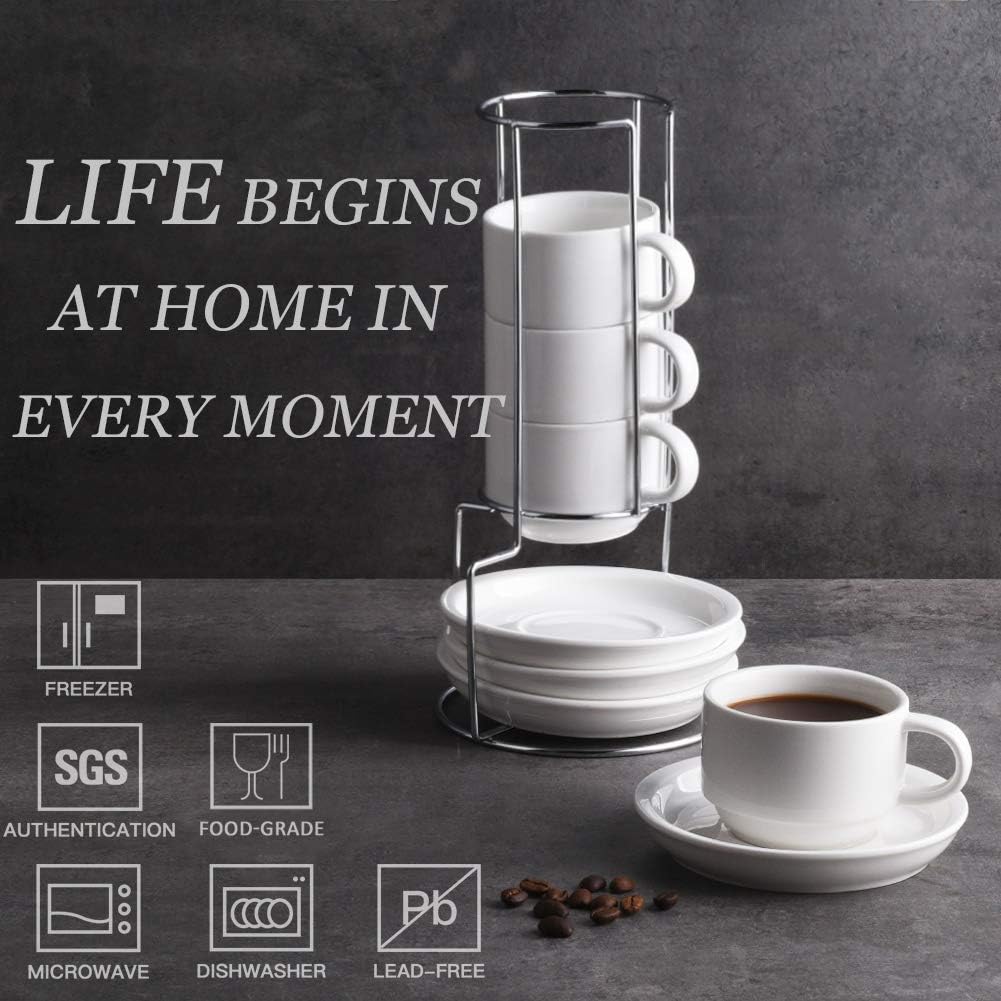 Sweejar Porcelain Espresso Cups with Saucers, 4 Ounce Stackable Cappuccino Cups with Metal Stand for Coffee Drinks, Latte, Tea - Set of 4 (White)