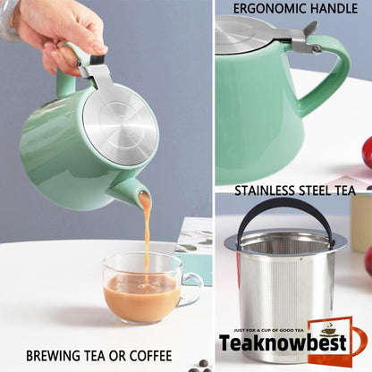 Ceramic teapot, 19oz Tea pot for loose leaf tea, Tea infuser pot with Removable 18/8 Stainless Steel Infuser and teaspoon, Suitable for 1-2 people to brew tea or coffee (azure)