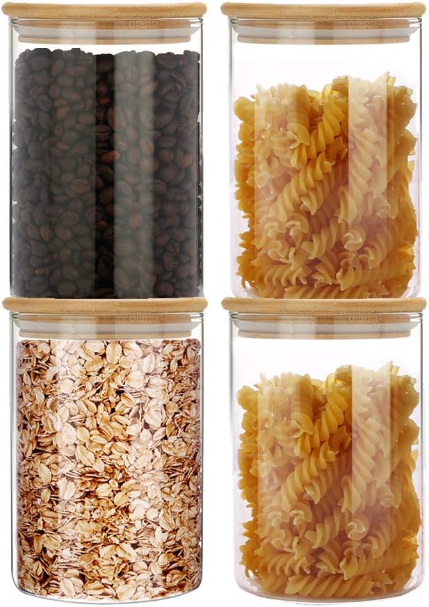 SIXAQUAE Glass Food Storage Containers Jar Seal Bamboo Lids 4 Packs 1000ml Airtight Canister Organization Sets Stackable…