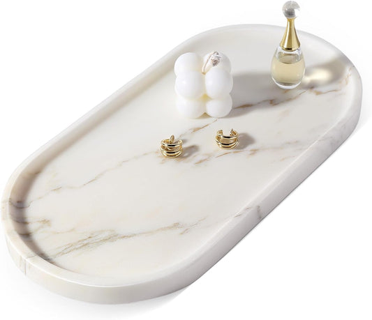 Koville White Marble Tray with Gold Pattern for Bathroom Counter, Stone Trays for Home Decor Marble Vanity Tray, Stone Storage Trays for Perfume, Jewelry, Decorative Tray for Dresser Organizer