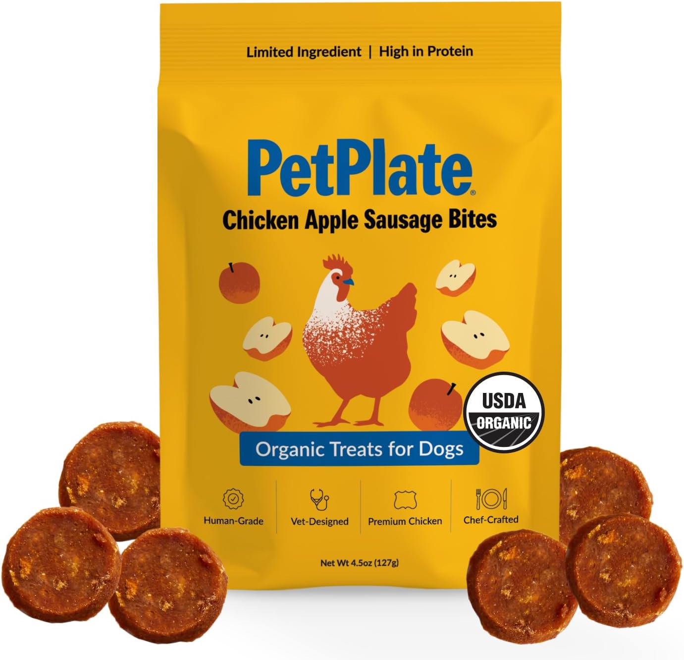 PetPlate Chicken Apple Sausage Bites, Human Grade Dog Treats, All Life Stages, Grain-Free, Organic and Real Ingredients, High Protein, Healthy Snacks (Pack of 1, 4.5 Ounce)