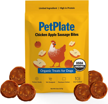 PetPlate Chicken Apple Sausage Bites, Human Grade Dog Treats, All Life Stages, Grain-Free, Organic and Real Ingredients, High Protein, Healthy Snacks (Pack of 1, 4.5 Ounce)