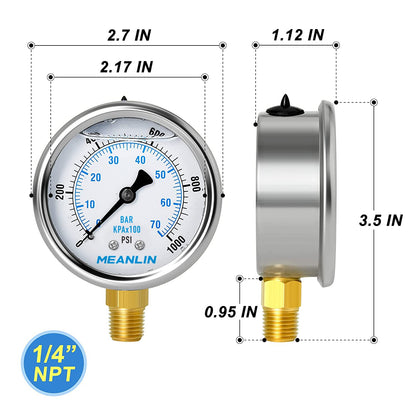 MEANLIN MEASURE 0~1000Psi Stainless Steel 1/4" NPT 2.5" FACE DIAL Liquid Filled Pressure Gauge WOG Water Oil Air Lower Mount, with 1/4" x 1/2" NPT and 1/4" x 3/8" NPT Hex Bushing