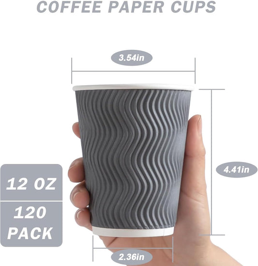 Coffee Cups 12 oz 120 Pack, Corrugated Insulated Ripple Wall Disposable Paper Coffee Cups 12oz, To Go for Hot Beverage or Cold Drinks Office/Home/Cafe/Party/Travel (Gray)