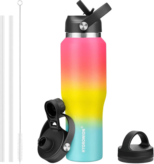 HYDROWION Stainless Steel Water Bottle, 32oz Wide Mouth Double Wall Vacuum Insulated Water Bottle with Straw Lid, Spout Lid and Flex Cap, Leakproof,Fit in Any Car Cup Holder, Red&Yellow&Blue