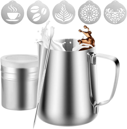 4Pieces Stainless Steel Milk Frothing Pitcher Set, Latte Art Barista Steaming Pitchers Set -Include Milk Frother Cup, Latte Art Pen, Powder Shaker, 5pcs Coffee Decorating Stencils (350ml/11oz)