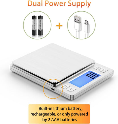 BOMATA Upgraded Small Food Scale, 0.1 g/0.001 oz High Precision, 3000 g/6.6 lb, with New Hold Function and Larger Display, USB Rechargeable, Digital Kitchen Scale for Small Item, Jewelry. Sliver