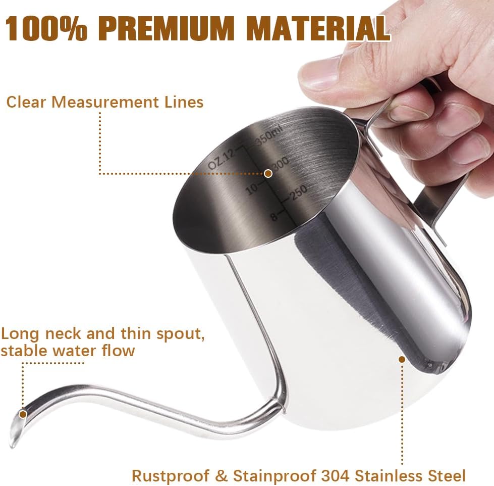 Milk Frothing Pitcher, 350ml/12oz Gooseneck Spout Coffee Tea Pot, Milk Frother Cup Stainless Steel, Milk Coffee Cappuccino Latte Art Barista Steam Pitchers Milk Jug Cup