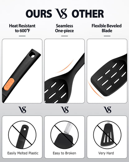 Silicone Spatulas and Spaghetti Spoons, 4 Pack Heat Resistant Full Silicone Cooking Utensils Set, Non Stick Large Kitchen Spatula Spoons for Cooking, Mixing, Serving, Draining