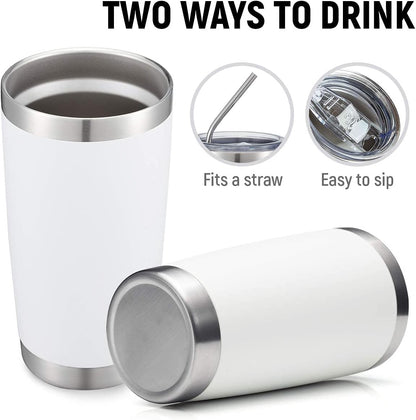 COMOOO 20oz/8Pack White Tumbler Double Wall Vacuum Insulated Coffee Travel Mug Stainless Steel Tumbler Bulk with Lid and Straw Powder Coated Insulated Coffee Cup for Cold & Hot Drinks (White, 8 Pack)