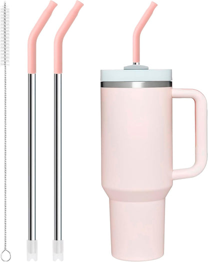 Snowfall Metal Straw for Stanley 40 OZ Tumbler, Long Reusable Stainless Steel Replacement Straws with Silicone Tip for Simple Modern 40 OZ Tumbler (Light Pink)
