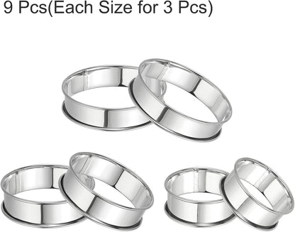 HARFINGTON 9pcs Crumpet Rings 2.36" 3.15" 3.94" Nonstick Round Cake Ring Stainless Steel Double Rolled English Pastry Rings for Kitchen Baking Crumpet Dessert, Silver