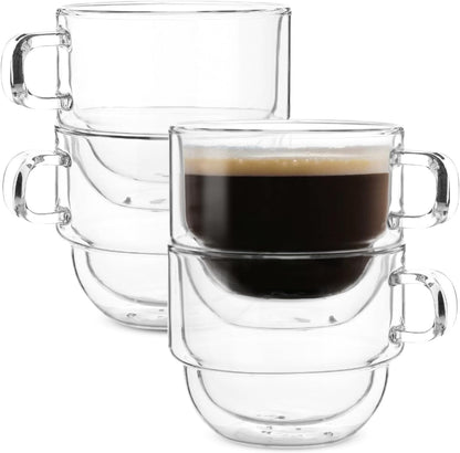 BTaT- Stackable Insulated Coffee Mugs, 4 Pack 12 oz(350 ml), Ideal for Hot and Cold Drinks, Stackable Cappuccino Cups, Double Wall Glass Coffee Cups, Tea Cups, Latte Cups, Latte Mug