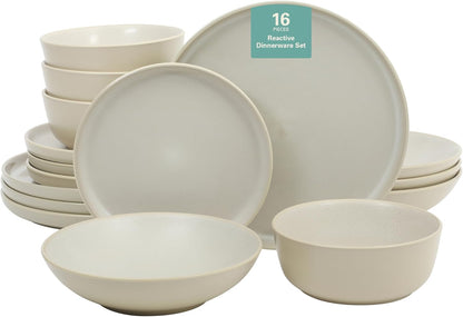 Gibson Elite Tribeca Loft 16-Piece Dinnerware Set – Matte Cream and White Reactive Glaze Stoneware, Double Bowl Round Plates and Bowls – Modern Neutral Tableware for 4, Dishwasher & Microwave Safe