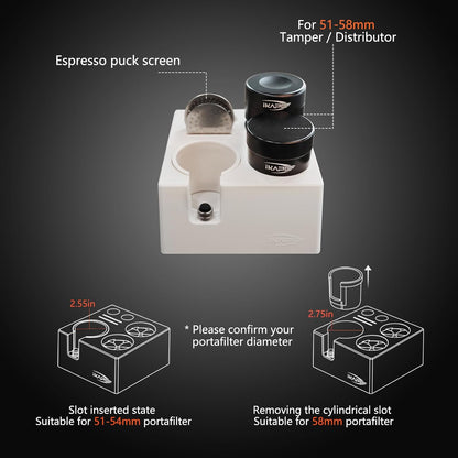 IKAPE ABS Espresso Knock Box, 7 in 1 Coffee Organizer Box Fit for Storage 51, 54, 58MM Espresso Tamper, Distributor, Portafilter & Puck Screen Accessories(White)