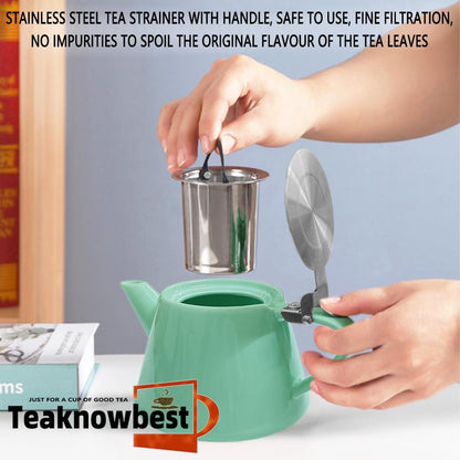 Ceramic teapot, 19oz Tea pot for loose leaf tea, Tea infuser pot with Removable 18/8 Stainless Steel Infuser and teaspoon, Suitable for 1-2 people to brew tea or coffee (azure)