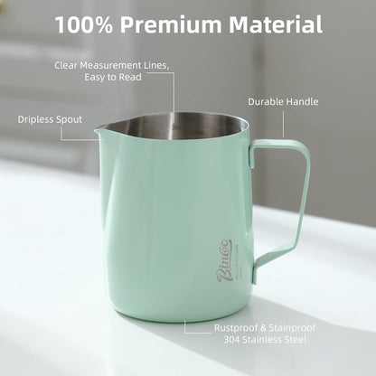 Milk Frothing Pitcher - 600ml/20oz Milk Frother Cup Espresso Steaming Pitcher for Barista, Bincoo SUS304 Stainless Steel Espresso Steaming Pitchers for Latte Art/Cappuccino/Coffee/Milk (Green-600ml)