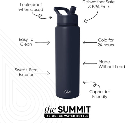 Simple Modern Water Bottle with Straw Lid | Vacuum Insulated Stainless Steel Metal Thermos | Reusable Leak Proof BPA-Free Flask for Sports Gym | Summit Collection | 30oz, Deep Ocean