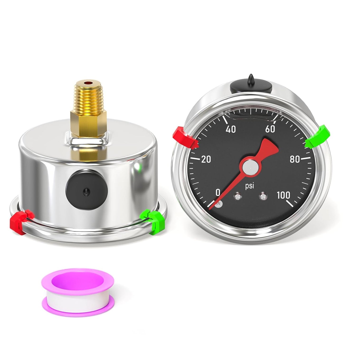 0-100PSI Stainless Steel Glycerin Filled Pressure Gauge 1.5" Black Dial Size, 1/8" NPT Back Mount, for Tube, Water Pump, Gas, Liquid, Pressure Test (with Range Mark Pointer)