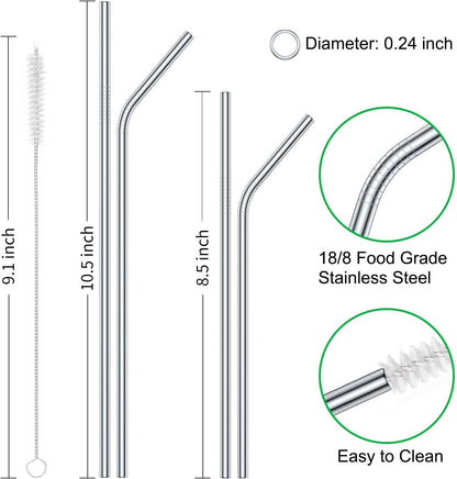 Vinaco Stainless Steel Straws Reusable, 12 Pack 8.5" & 10.5" Metal Straws 0.24" for 20 oz - 32 oz Tumblers, Long Drinking Straws with Cleaning Brush for Coffee, Juice, Cocktail and Hot Drinks