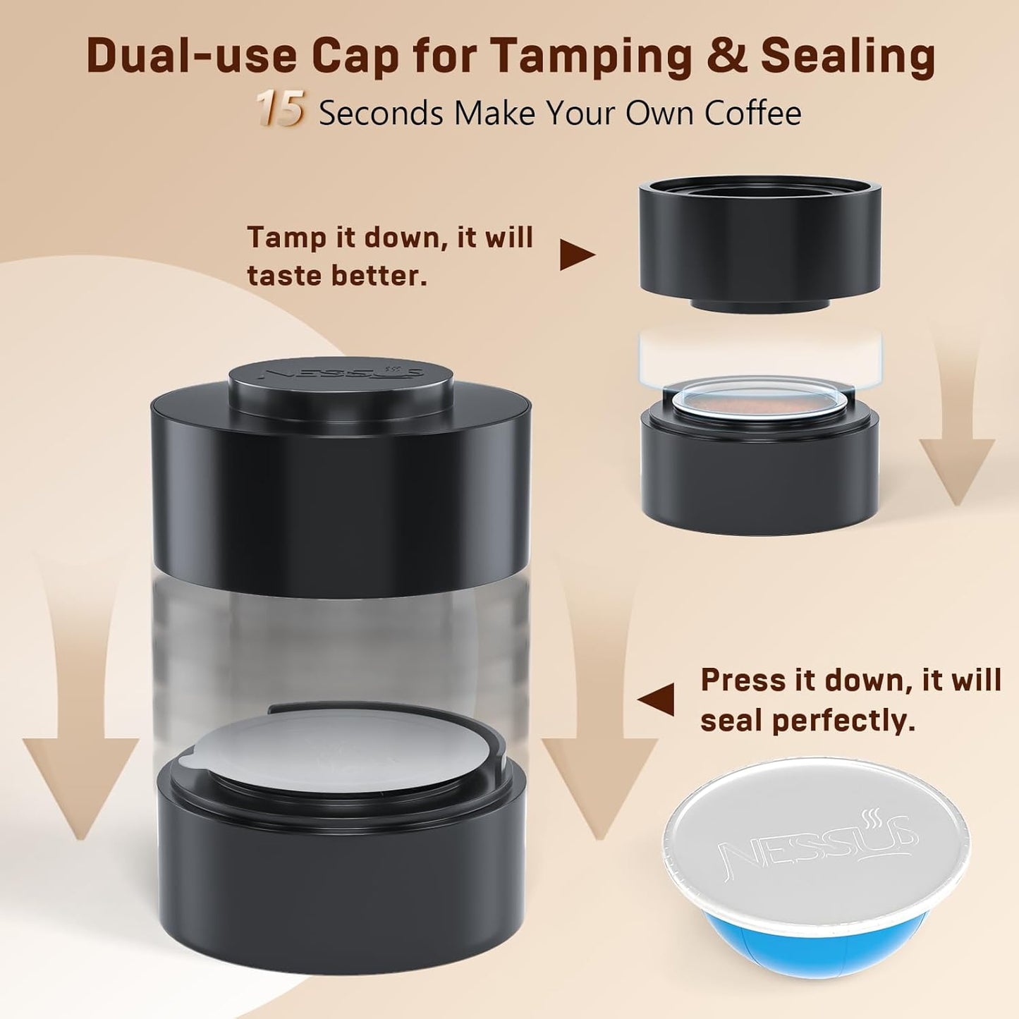 Nessus Reusable Kit for Nespresso Pods Vertuo, Reuse Old Coffee Pods for Nespresso Vertuo: 100 Pcs Aluminum Foil Seal Lid, Holder, Brush, Refillable Vertuo Plus Next Capsule Machine