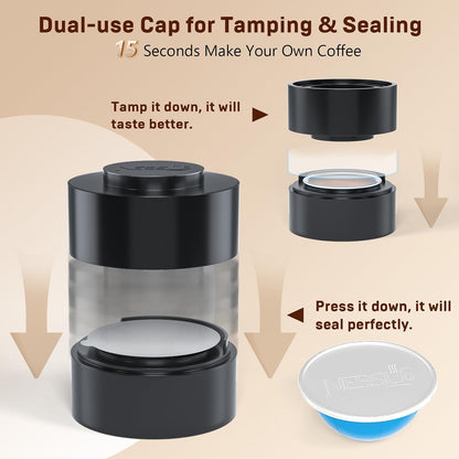 Nessus Reusable Kit for Nespresso Pods Vertuo, Reuse Old Coffee Pods for Nespresso Vertuo: 100 Pcs Aluminum Foil Seal Lid, Holder, Brush, Refillable Vertuo Plus Next Capsule Machine