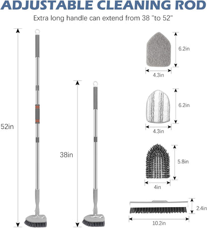 SetSail 4-in-1 Tile Tub Floor Scrubber with 52-inch Long Adjustable Handle Shower Cleaner Brush with V-Shaped Grout Brush and 3 Replacement Brush Heads for Bathroom Kitchen Sink Walls Tub Tile, Grey