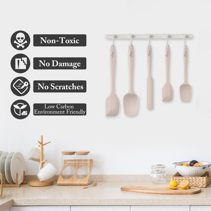 HOTEC 600℉ Heat Resistant BPA-Free Silicone Rubber Spatula Set,Kitchen Cooking Spatulas, Baking, Mixing for Non Stick Cookware, Dishwasher Safe, Set of 5, Khaki
