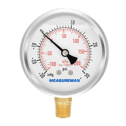 MEASUREMAN 2-1/2" dial,Glycerin Filled, Stainless Steel case, Brass Inside, 30inHg/-100kpa-0-30psi/200kpa,1/4" NPT Lower Mount