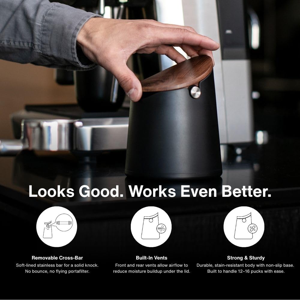 CREMA Coffee Products Arc Knock Box | Holds 12–16 Espresso Pucks| Durable,Stain-ResistantBuild withNon-Slip Base|Elegant WalnutPlastic Lid Design| EasyClean-Up &Moisture Control|Black Finish