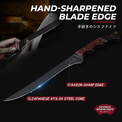 Boning Knife 7 inch - Brisket Trimming Knives for Meat Cutting, Black Butcher Slicing Knives with Full Tang Handle, Kitchen Fillet Knife for Birthday Dad Mom Gift