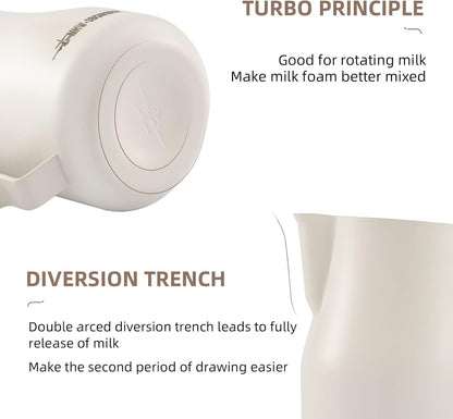 MHW-3BOMBER Milk Frothing Pitcher 12oz/350ml Milk Frother Cup Espresso Steaming Pitcher Stainless Steel Milk Frother Cup Barista Latte Art Round Spout Milk Jug White P6013W-OS