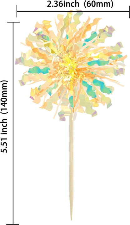 Ephlyn 30Pcs Foil Firework Cupcake Toppers Sparkle Tinsel Drink Birthday Cake Decorations Cocktail Food Fruit Toothpick for New Years Wedding Birthday Party Decorations Yellow