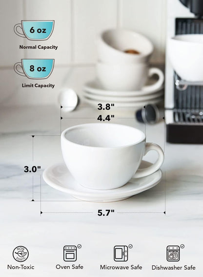 LE TAUCI 6 oz Cappuccino Cups with Saucers, Ceramic Coffee Cup for Au Lait, Double shot, Latte, Cafe Mocha, Tea - Set of 4, White