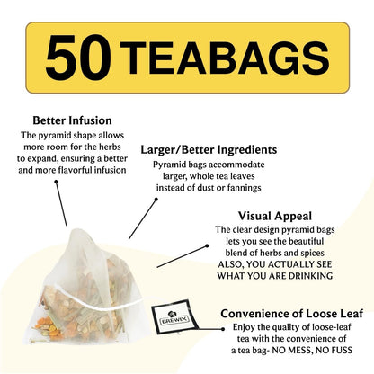 BREWIX, Turmeric Ashwagandha Herbal Tea (50 Pyramid Tea Bags) Adaptogenic Herbs for Stress & Mood Support | Evening Calm & Sleep Support | Real Ingredients From India, Caffeine Free & Naturally Gluten Free