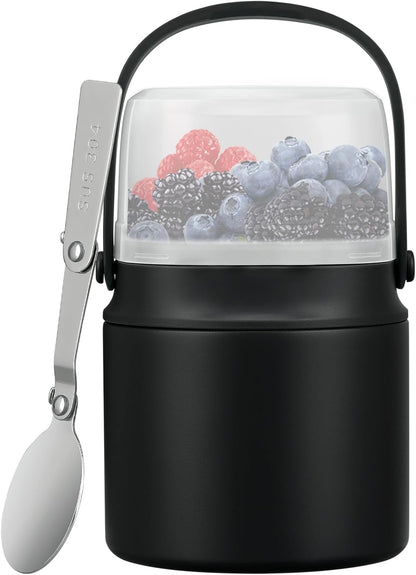 2-in-1 Insulated Food Jar & Snack Container - 15oz Kids Soup Thermos for Hot Food with Handle and Spoon, Leak Proof Reusable Toddler Snack Box, Perfect for School & Travel, Black