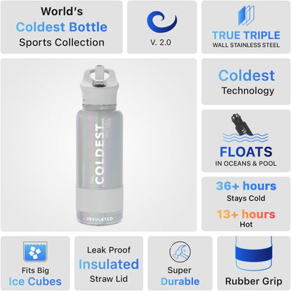 Coldest Insulated Water Bottle with Straw Lid - Stainless Steel Metal Insulated Bottle for Men & Women (Supernova Silver Glitter, 40 oz)
