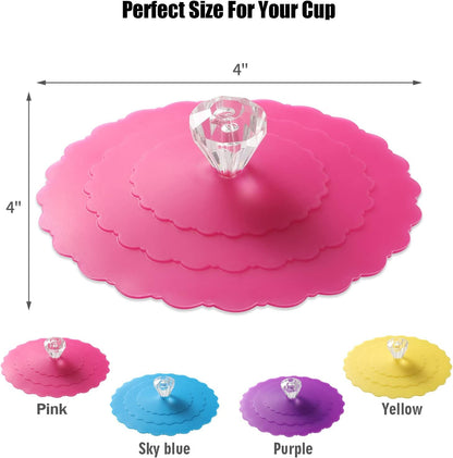 Silicone Cup Covers (Set of 4) ， Multicolored Silicone Lids for Mugs, Cups, Tea Pots,Flexible Mug Covers，Hot Cup Lids for Coffee & Tea