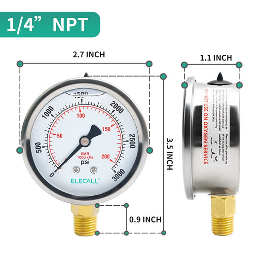 ELECALL 2-1/2” Glycerin Liquid Filled Air Pressure Gauge, 0-3000Psi, 1/4”NPT Lower Mount, Stainless Steel Case, Brass Internals, Water Pressure Gauge