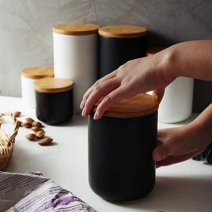 MilkyWay Ceramic Food Storage Jar Canister Modern Design Food Canisters with Airtight Seal Bamboo Lid,Loose Tea Coffee Spice Nuts Snacks Seasonings Storage Jar Canister Caddy (White 7.03oz/200ml)