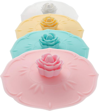 rose Silicone Cup Covers (Set of 4) ， Multicolored Silicone Lids for Mugs, Cups, Tea Pots,Flexible Mug Covers，Hot Cup Lids for Coffee & Tea