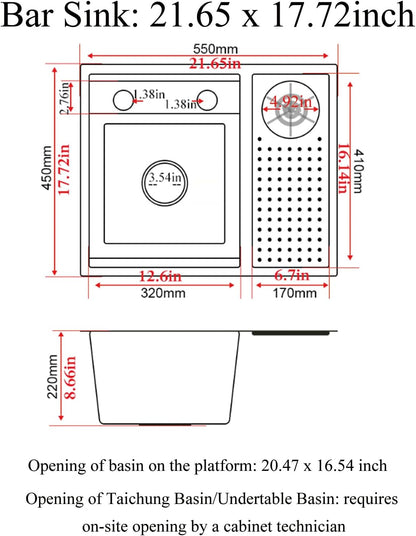 Bar Sink 21.6 x 17.7 Inch Topmount Smart Kitchen Sinks Stainless Steel Western Kitchen Sink Center Island Single Bowl Workstation with Press Cup Washer