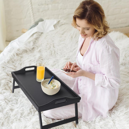 Multi-Purpose Bamboo Wood Lap Desk - Folding Legs, Breakfast Food Tray, Serving Dinner Tea TV Tray - Lightweight, Minimalist Black