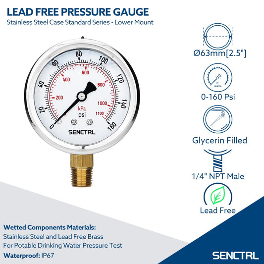 SENCTRL 160 Psi Lead-Free Glycerin Liquid Filled Low Pressure Gauge, 2.5" Dial Size, 1/4" NPT Lower Mount, Stainless Steel Case, for Home Potable Water Pump, Air, Well, RV Hose, Pressure Test
