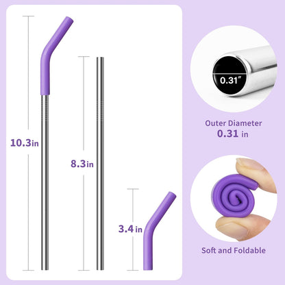Stainless Steel Straws for 20 oz Yeti Tumbler, 5 Pcs Metal Straws Reusable with Silicone Tip for 20 oz Stanley Cup and 16 oz Glass Tumbler, Cleaning Brush, 1 Portable Bag