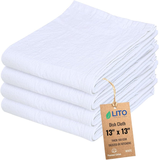 Dish Cloths Cotton| Kitchen Wash Cloth | Shop Towels Absorbent and Lint Free Flour Sack| Dishcloths for Kitchen Washing Dishes| Thick Absorbent Quick Dry Dish Rags | 4 Pack 13"x13" White