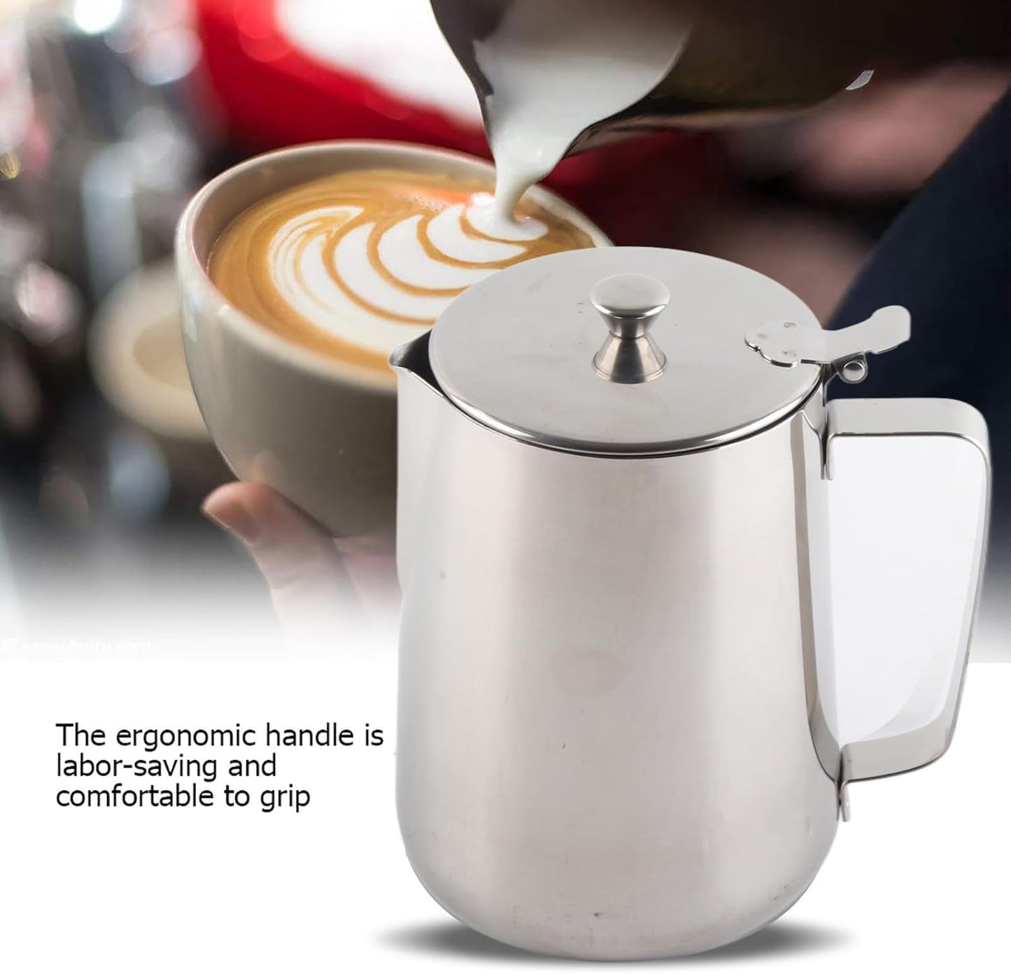 Stainless Steel Milk Frothing Pitcher, Stainless Steel Coffee Cup Mug Milk Frothing Pitcher Jug with Lid for Latte Coffee Art for Office Kitchen with handle(2000ml)